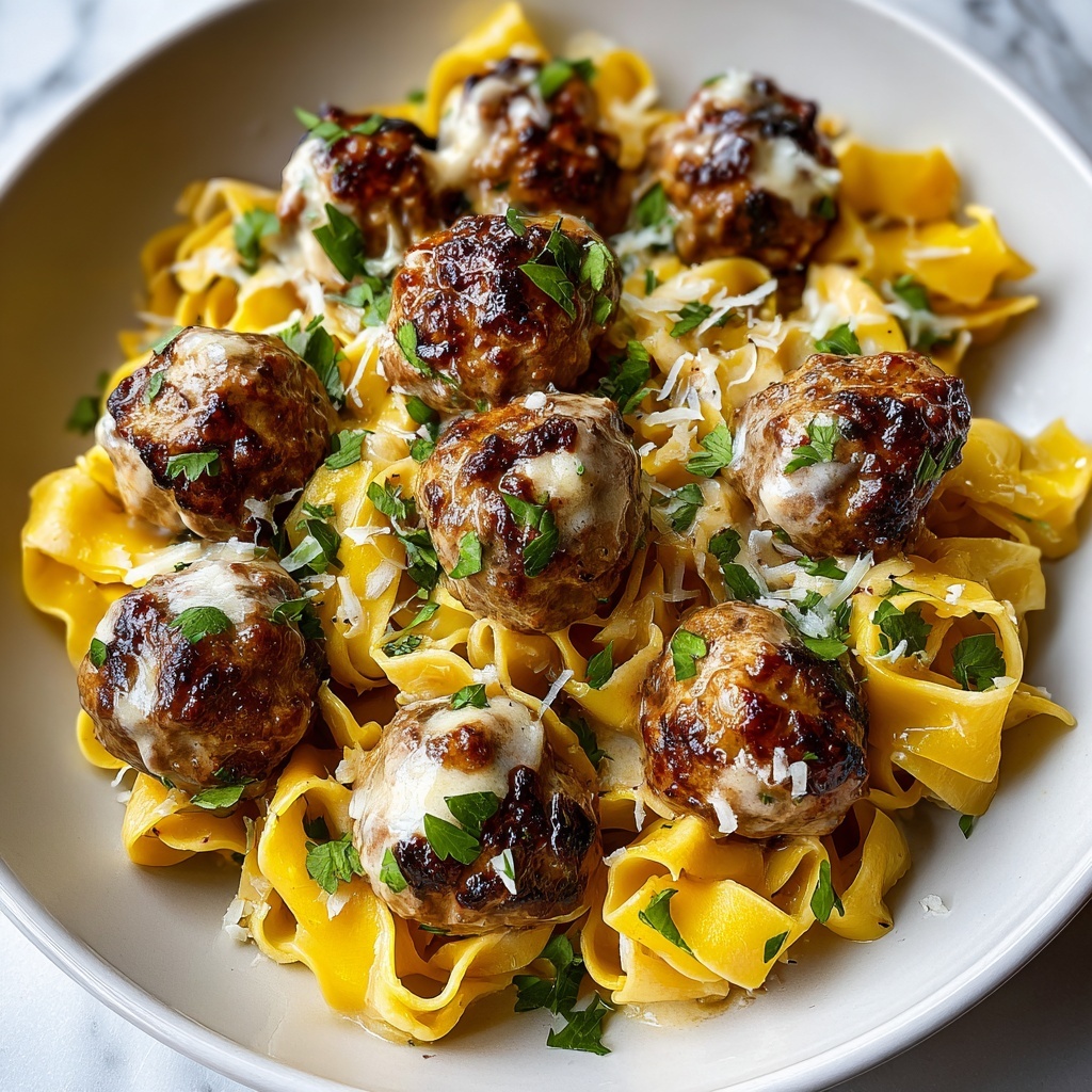 Easy Garlic Butter Meatballs Served Over Creamy Parmesan Linguine Recipe - Recipe Image