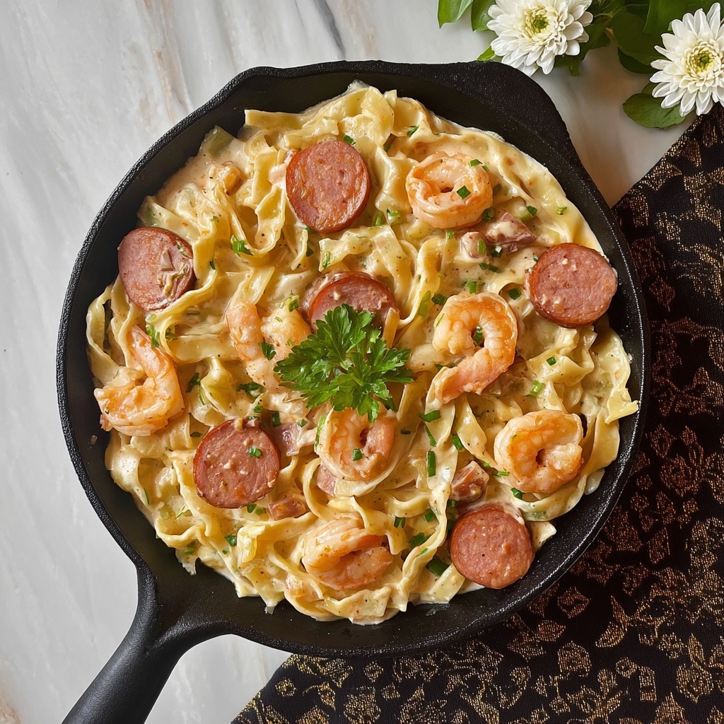 Cajun Shrimp and Sausage Alfredo Pasta Recipe - Recipe Image