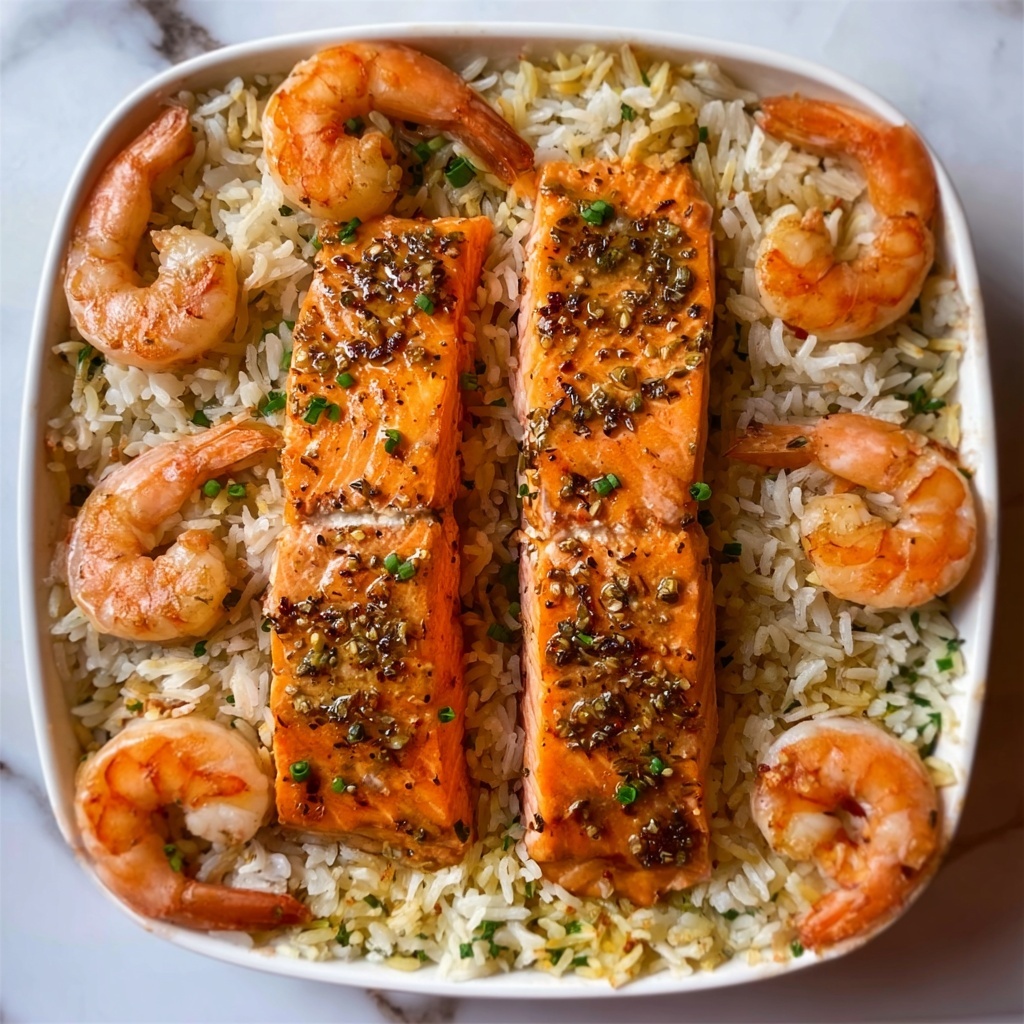 Honey Garlic Salmon & Shrimp over Garlic Butter Rice Recipe - Recipe Image