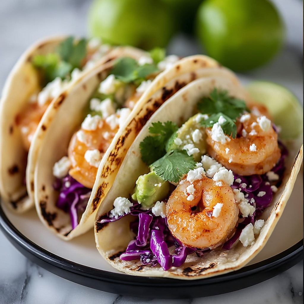 Shrimp Tacos with Cabbage, Avocado, and Spicy Lime Sauce Recipe - Recipe Image