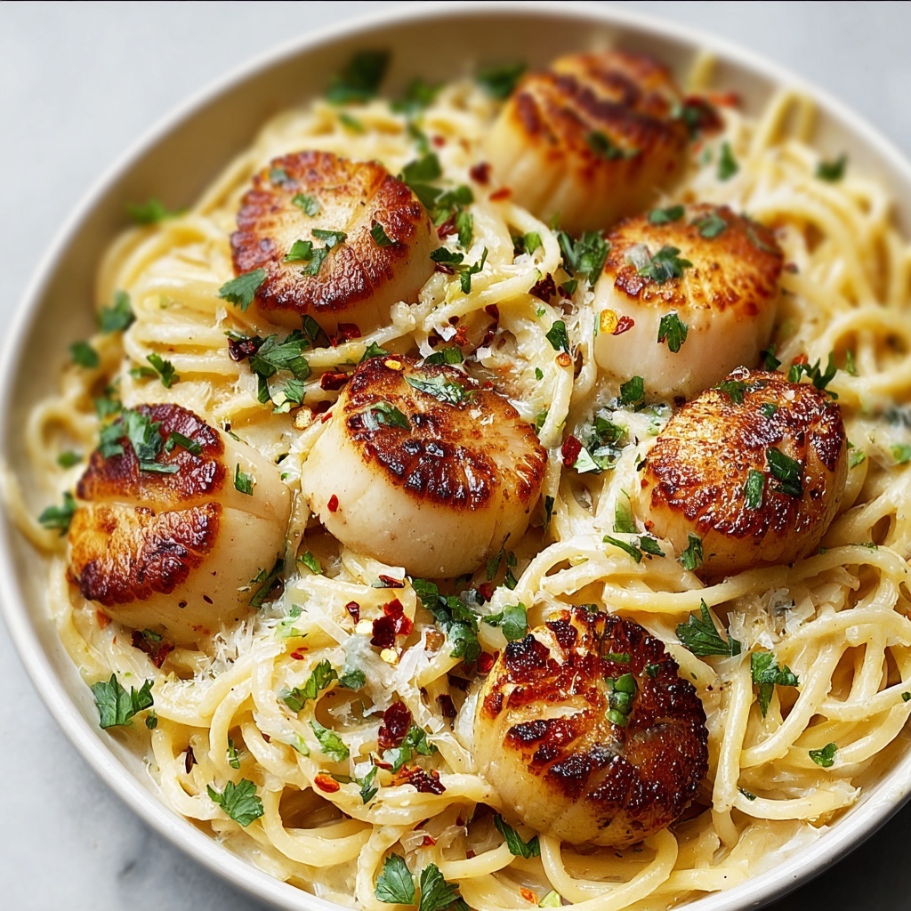 Creamy Tuscan Spaghetti with Jumbo Scallops Recipe - Recipe Image