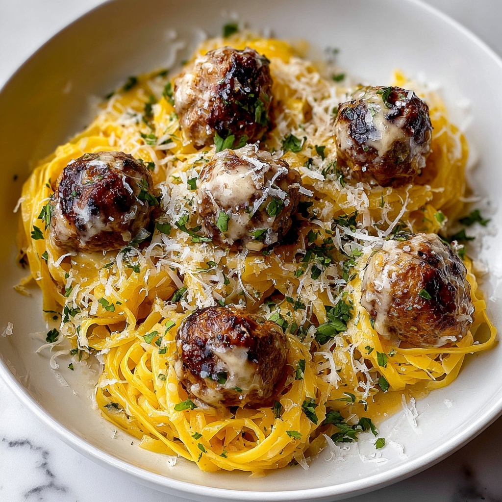 Easy Garlic Butter Meatballs Served Over Creamy Parmesan Linguine Recipe - Recipe Image