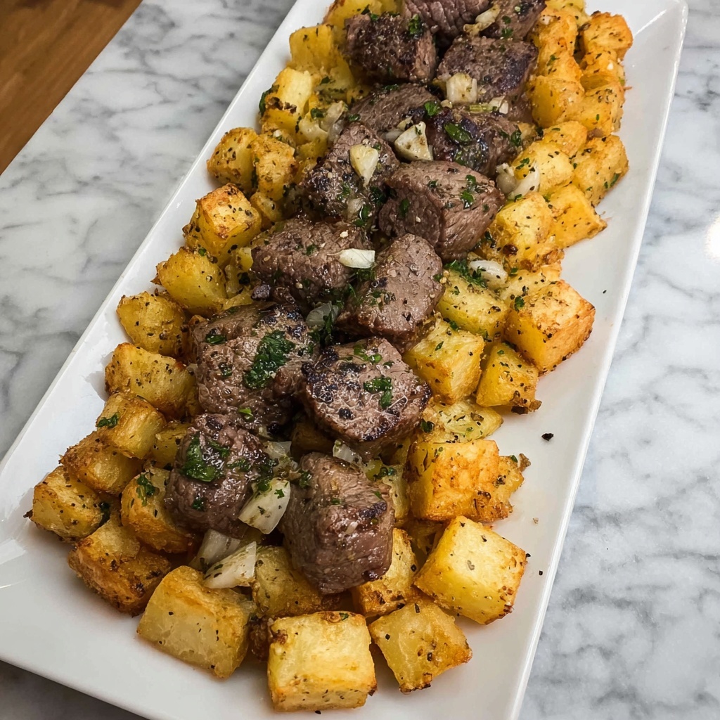 Air Fryer Garlic Butter Steak Bites and Potatoes Recipe - Recipe Image