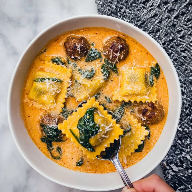 Ravioli Soup with Chicken Sausage, Roasted Tomatoes, and Spinach Recipe