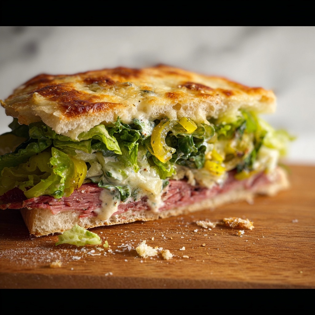 Focaccia Grinder Sandwich with Pesto, Salame, and Veggie Toppings Recipe - Recipe Image