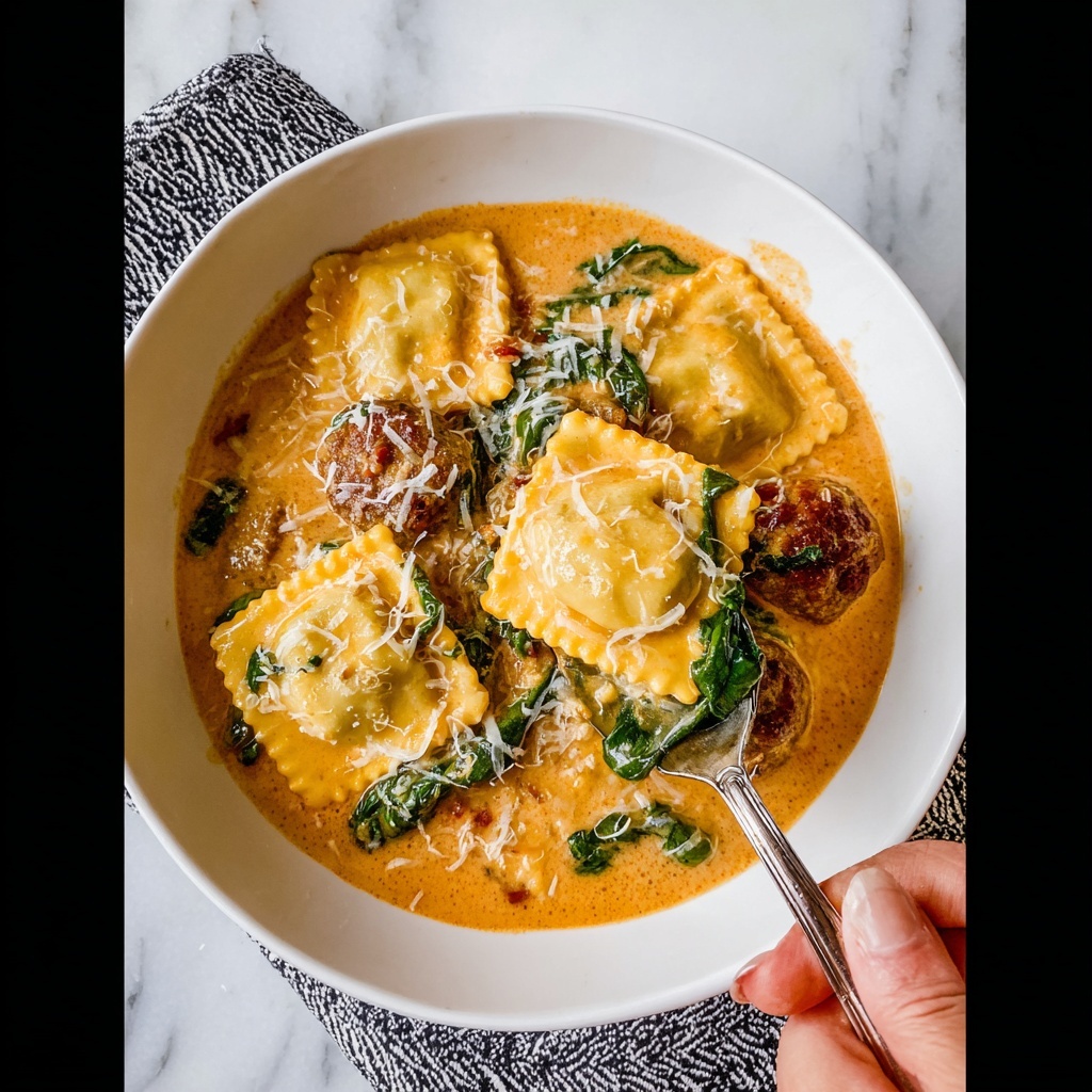 Ravioli Soup with Chicken Sausage, Roasted Tomatoes, and Spinach Recipe - Recipe Image