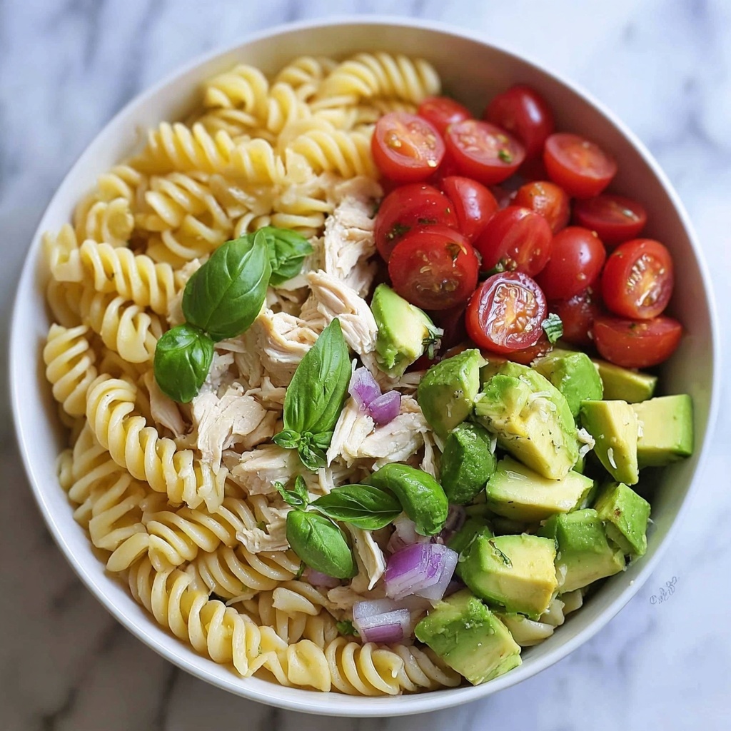 Healthy Chicken Pasta Salad with Avocado and Cherry Tomatoes Recipe - Recipe Image