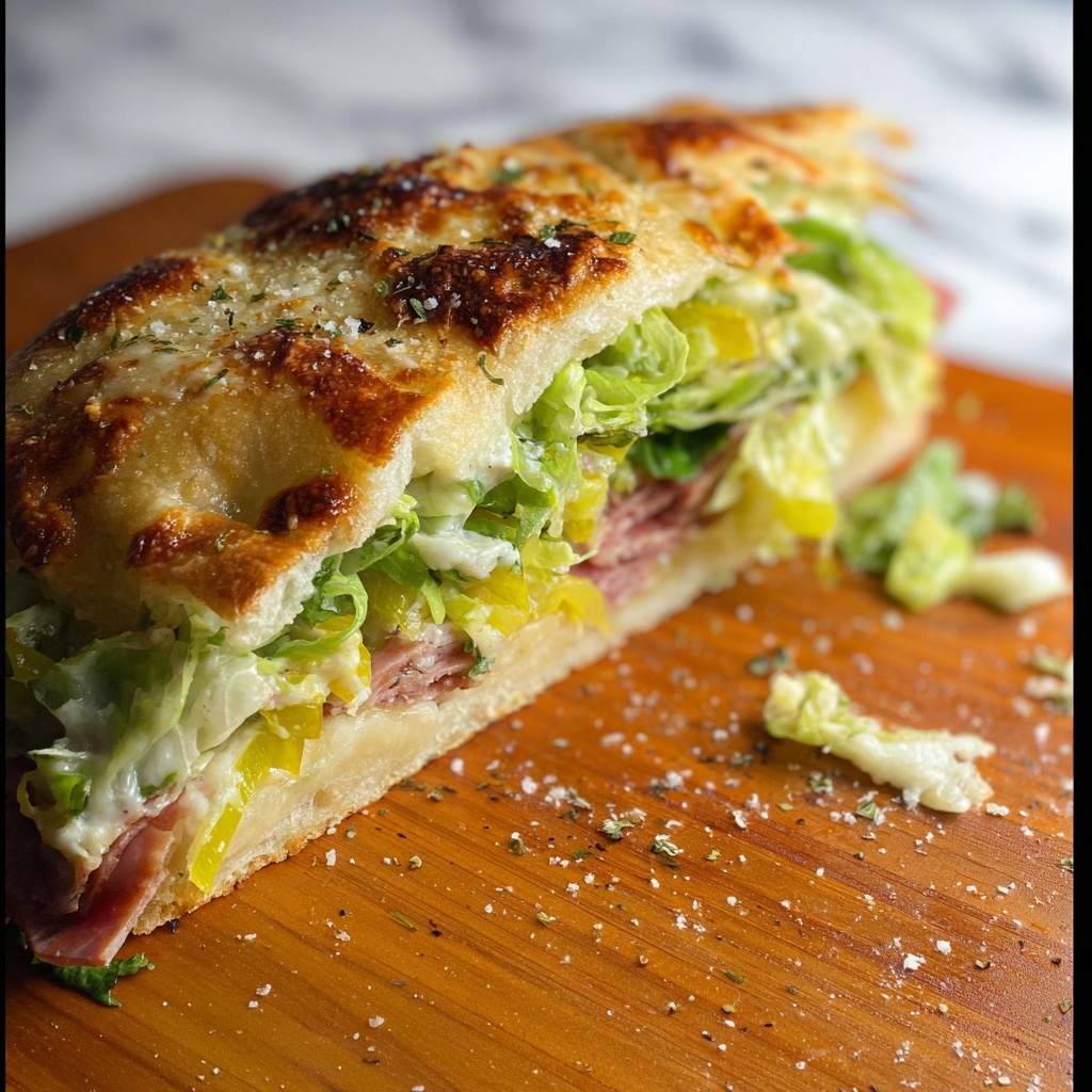 Focaccia Grinder Sandwich with Pesto, Salame, and Veggie Toppings Recipe - Recipe Image