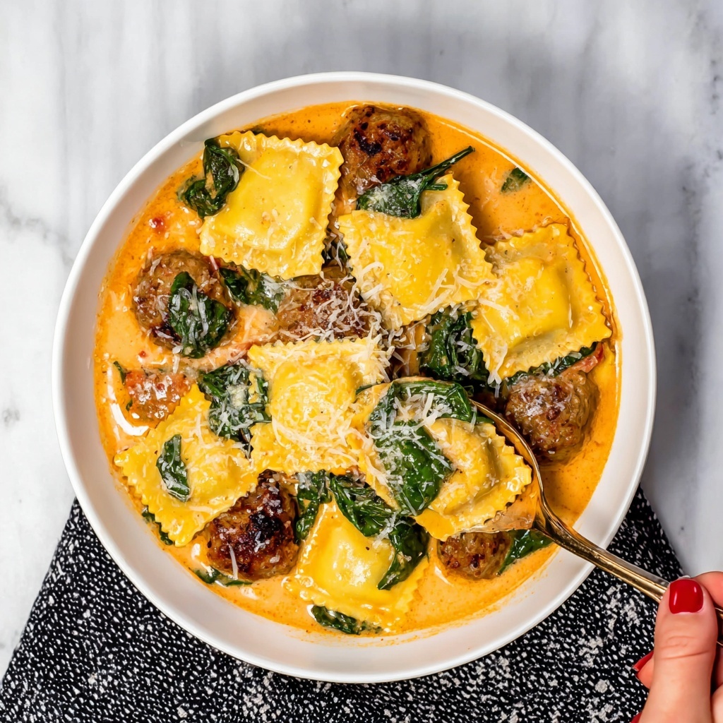 Ravioli Soup with Chicken Sausage, Roasted Tomatoes, and Spinach Recipe - Recipe Image