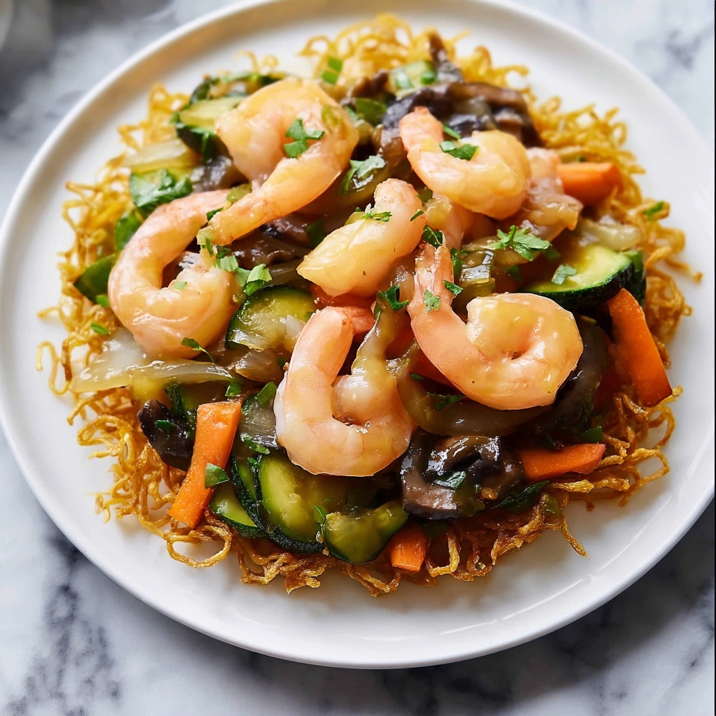 Crispy Noodle Cake Stir Fry with Shrimp and Vegetables Recipe - Recipe Image