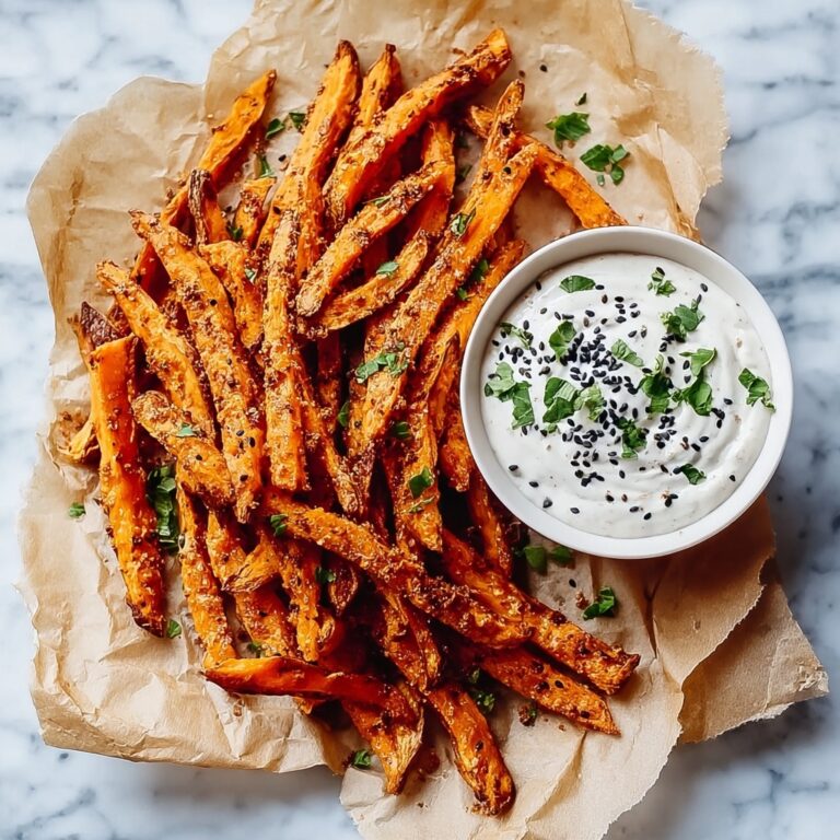 Crispy Baked Sweet Potato Fries with Roasted Garlic Tahini Yogurt Dip Recipe