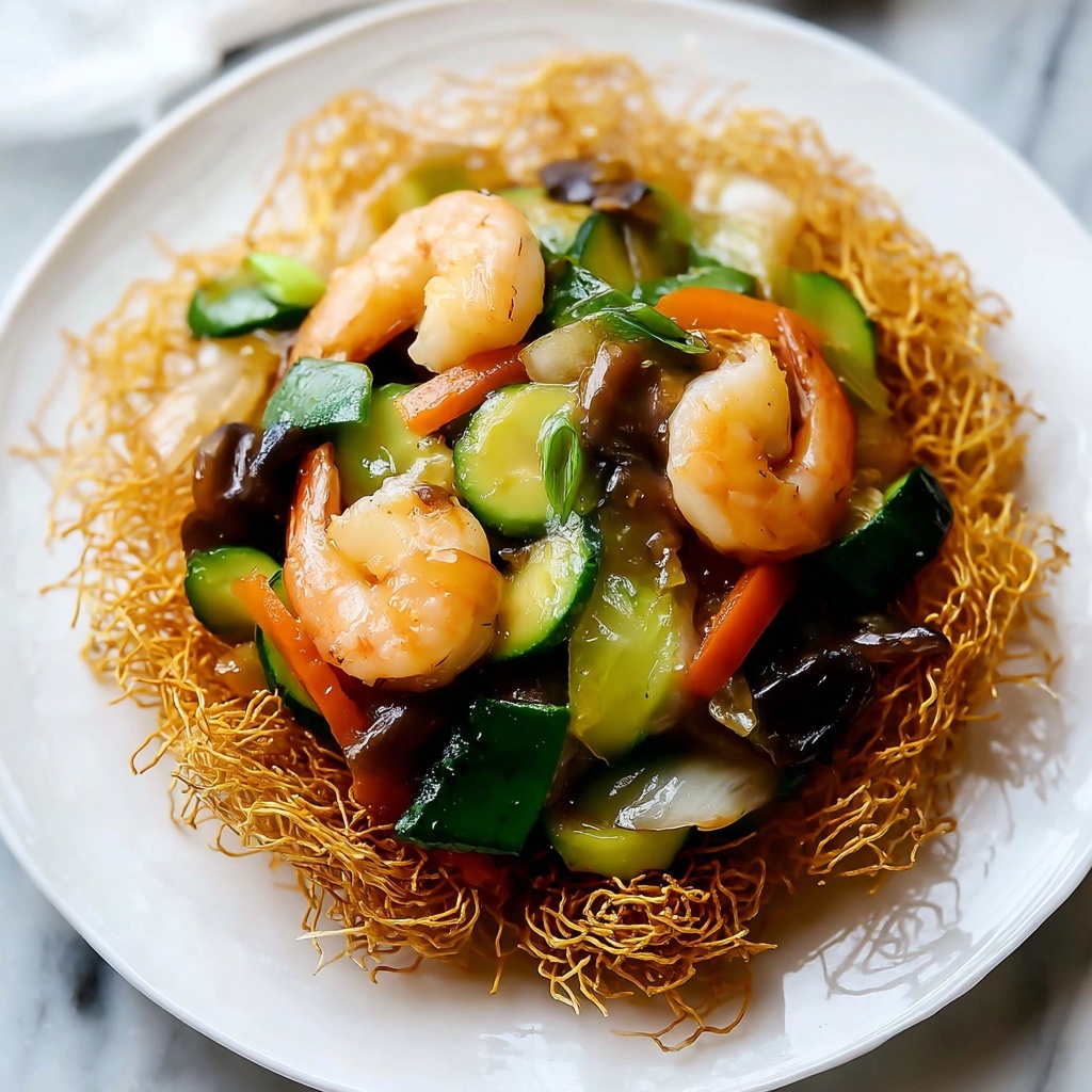 Crispy Noodle Cake Stir Fry with Shrimp and Vegetables Recipe - Recipe Image