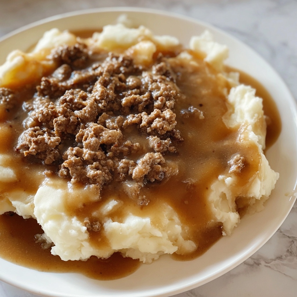 Ground Beef and Gravy Over Mashed Potatoes Recipe - Recipe Image