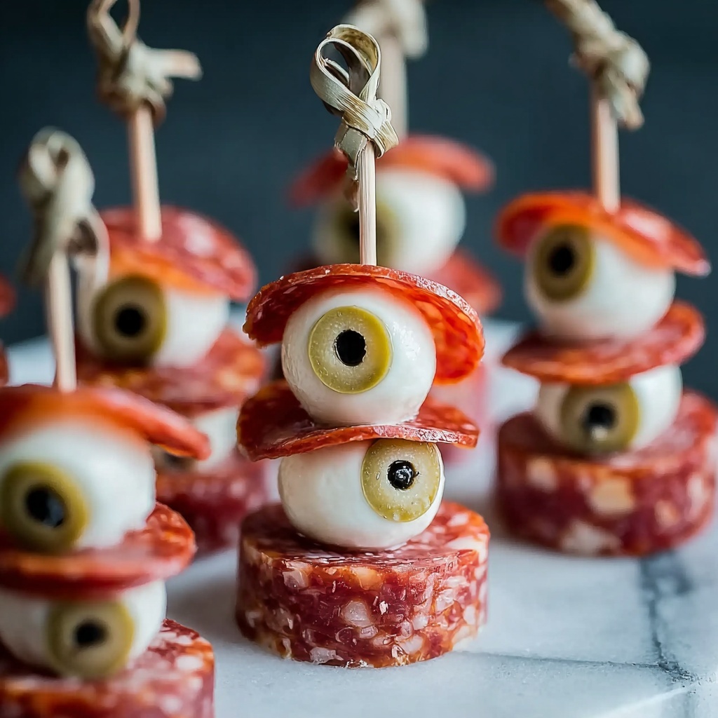 Creepy Skewered Salami Eyeballs Recipe - Recipe Image