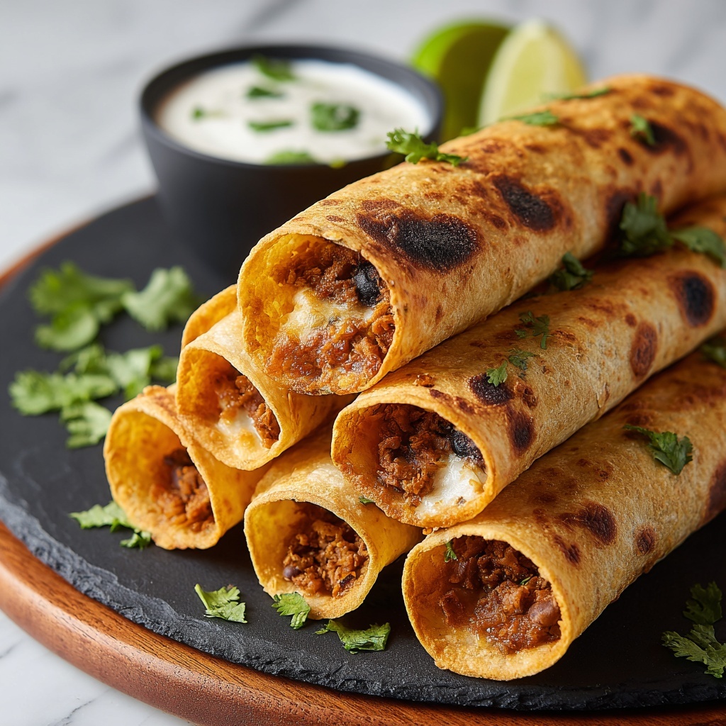Bean & Cheese Taquitos with Green Chile Sour Cream Sauce Recipe - Recipe Image