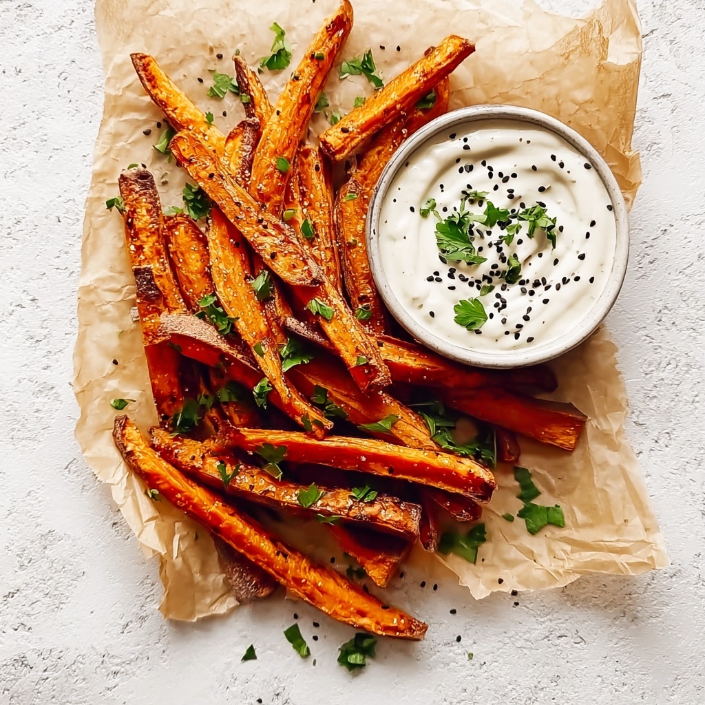 Crispy Baked Sweet Potato Fries with Roasted Garlic Tahini Yogurt Dip Recipe - Recipe Image