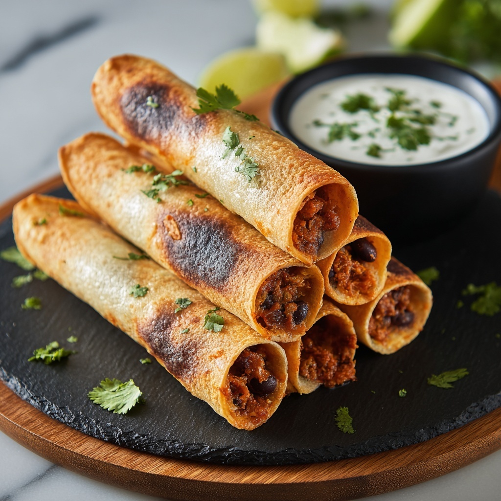Bean & Cheese Taquitos with Green Chile Sour Cream Sauce Recipe - Recipe Image