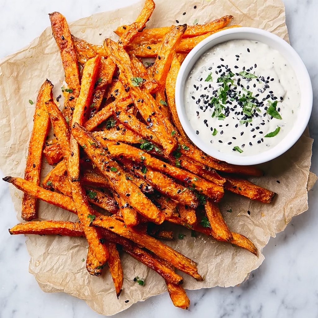 Crispy Baked Sweet Potato Fries with Roasted Garlic Tahini Yogurt Dip Recipe - Recipe Image