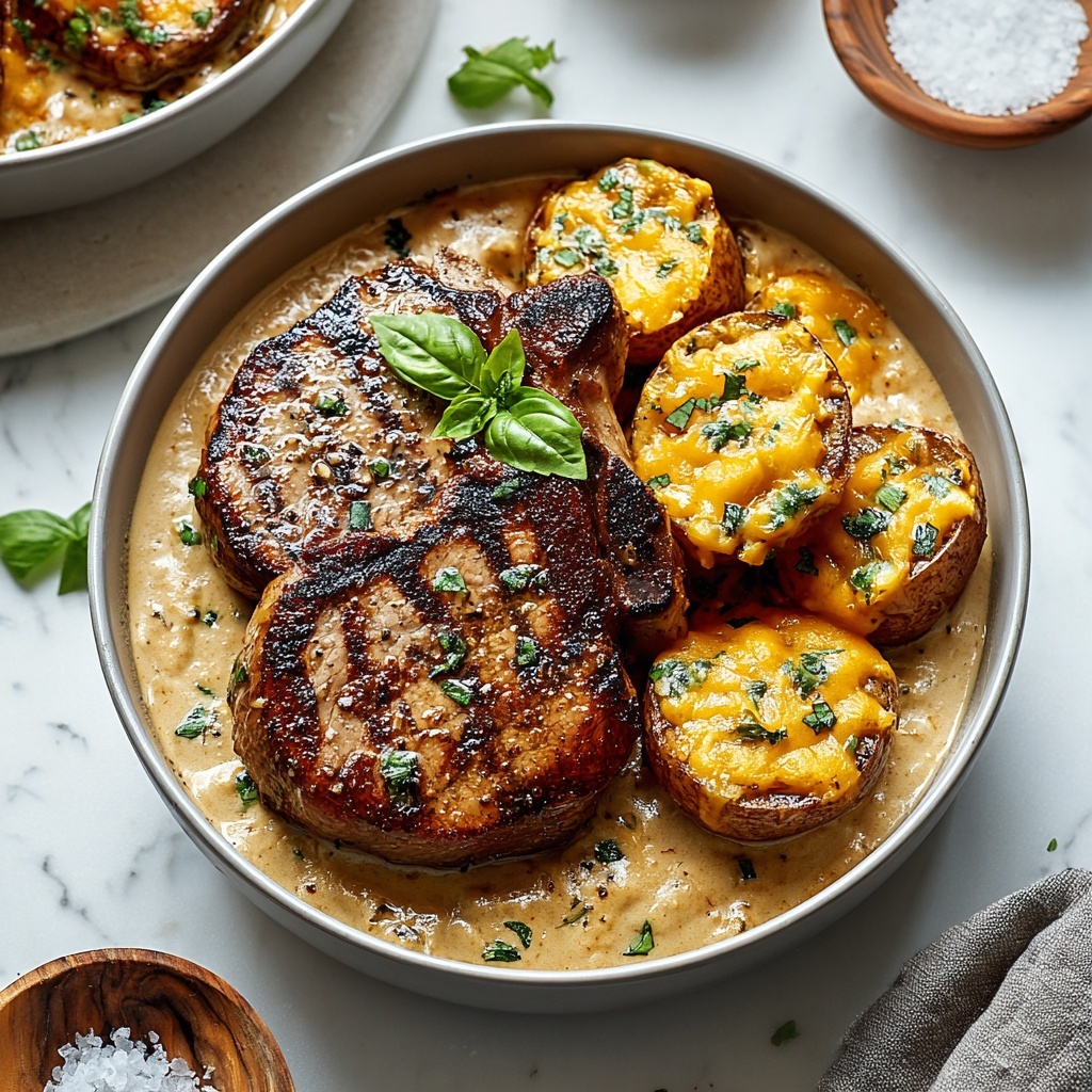 Garlic Butter Pork Chops with Cheesy Potato Bake Recipe - Recipe Image