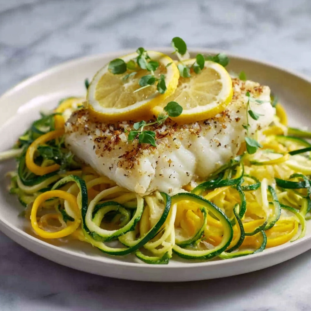 Baked Lemon Garlic Cod with Zucchini Noodles Recipe - Recipe Image