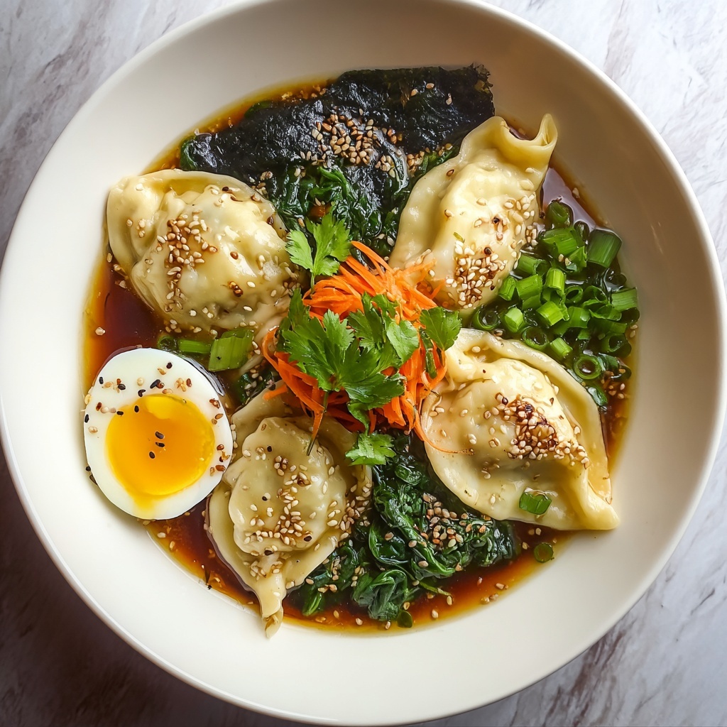 Savory Dumpling Ramen Bowl with Soft-Boiled Eggs and Fresh Greens Recipe - Recipe Image