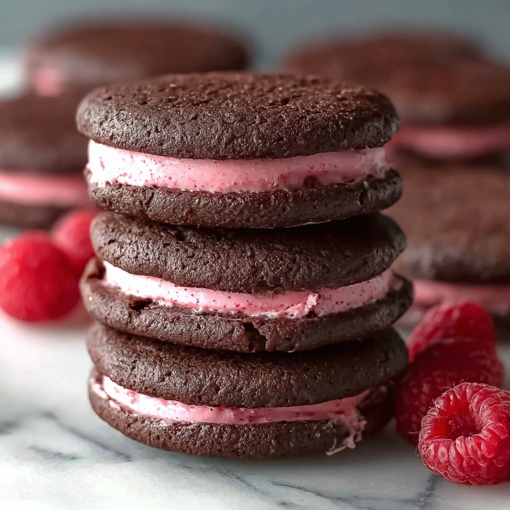 Chocolate Raspberry Sandwich Cookies with Ganache Drizzle Recipe - Recipe Image