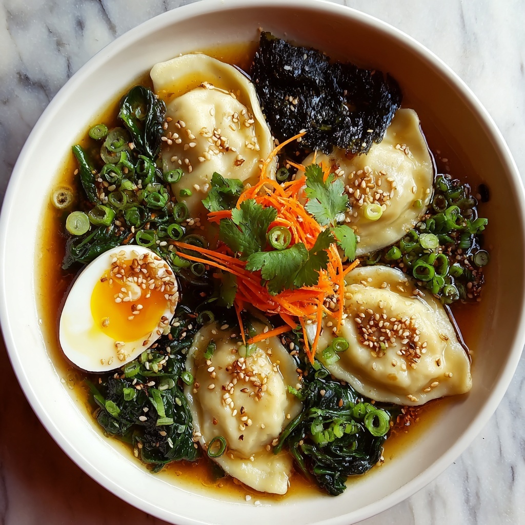 Savory Dumpling Ramen Bowl with Soft-Boiled Eggs and Fresh Greens Recipe - Recipe Image