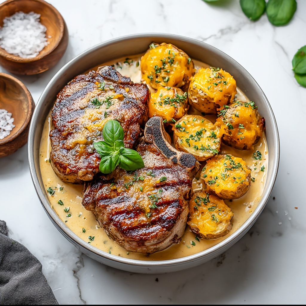 Garlic Butter Pork Chops with Cheesy Potato Bake Recipe - Recipe Image