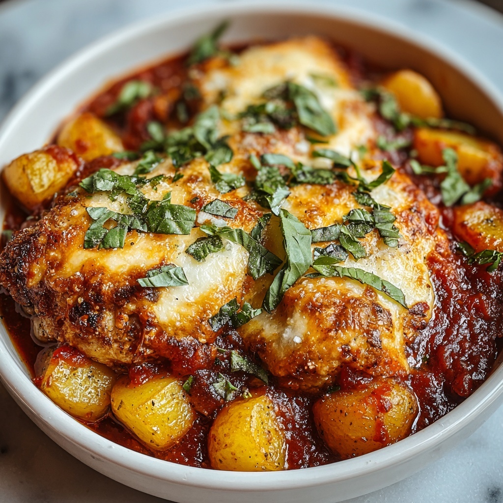 Healthy Chicken Parmesan with Roasted Potatoes and Green Beans Recipe - Recipe Image