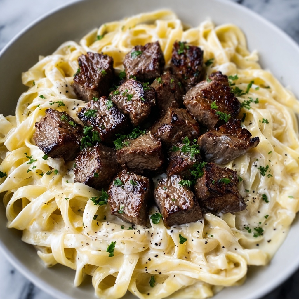 Garlic Butter Steak Bites with Creamy Parmesan Pasta Recipe - Recipe Image