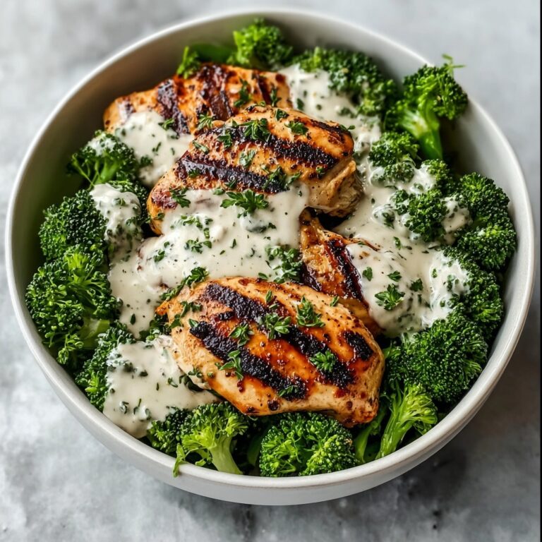 Grilled Chicken & Broccoli Bowls with Creamy Garlic Sauce Recipe