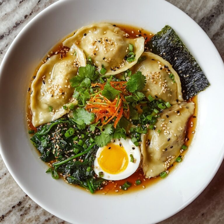 Savory Dumpling Ramen Bowl with Soft-Boiled Eggs and Fresh Greens Recipe