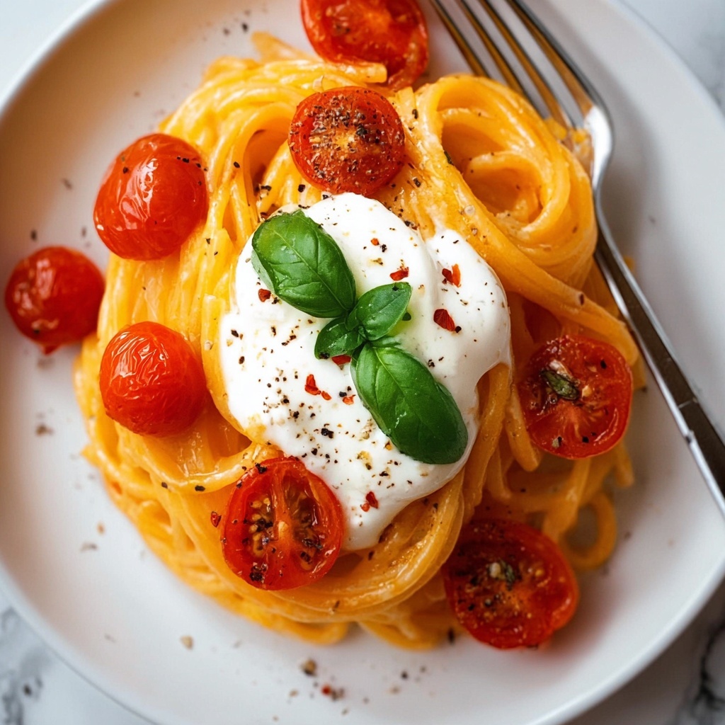Irresistible Cherry Tomato Pasta with Creamy Burrata Bliss Recipe - Recipe Image