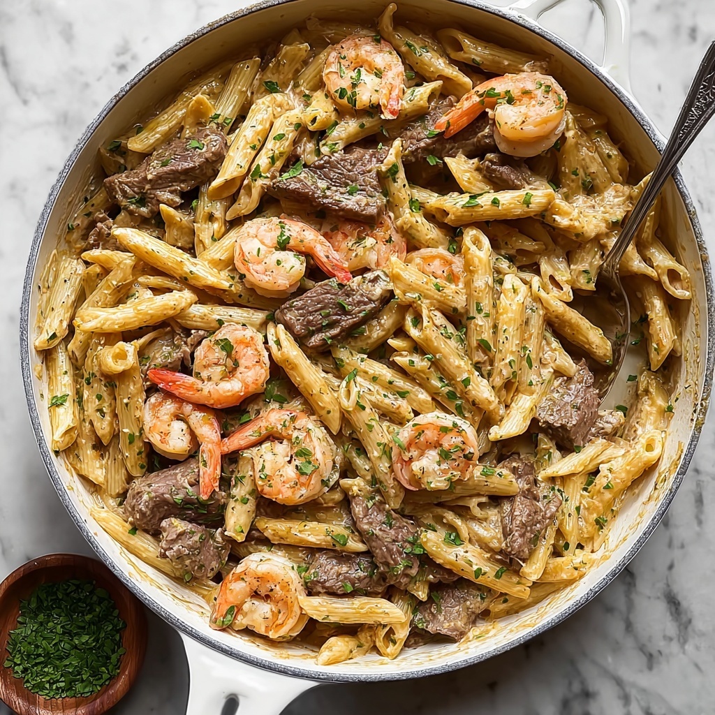 Blackened Steak and Shrimp Alfredo Recipe - Recipe Image