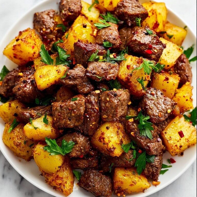 Air Fryer Garlic Steak Bites and Potatoes Recipe